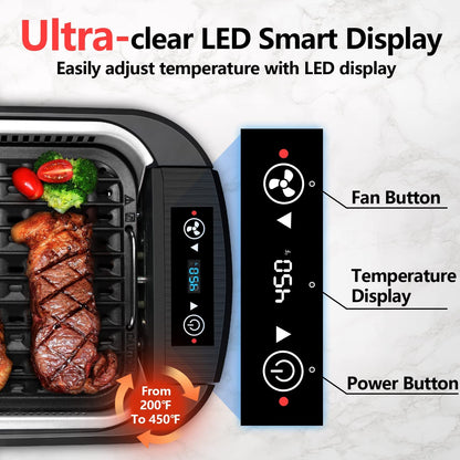 Indoor Grill,  Smokeless Grill Indoor, 1500W Electric Grill Griddle Korean BBQ Grill with LED Smart Display & Tempered Glass Lid, Non-Stick Removable Grill Plate & Griddle Plate, Black
