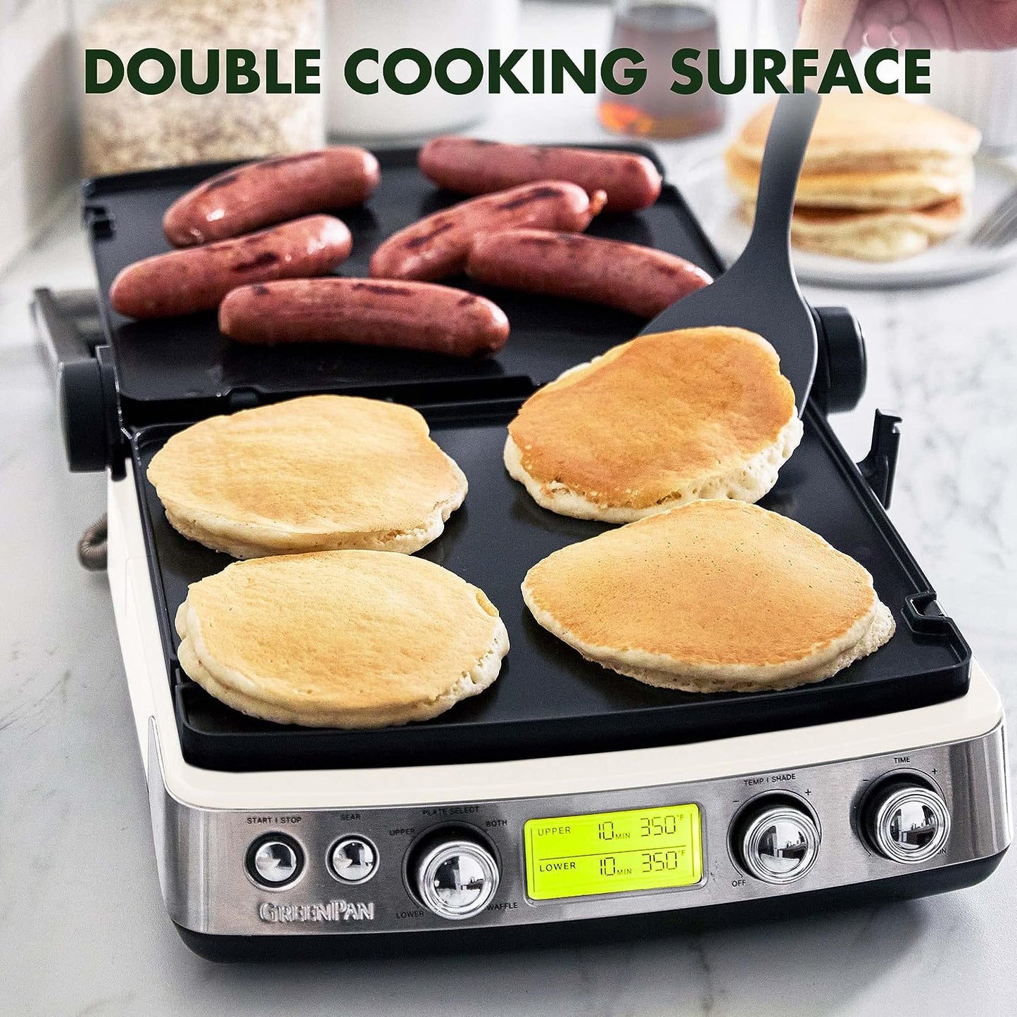 Elite 7-In-1 Multi-Function Contact Grill & Griddle, Healthy Ceramic Nonstick Aluminum, Two Sets of Grill & Waffle Plates, Adjustable Shade & Shear, Closed Press/Open Flat Surface,Cream White