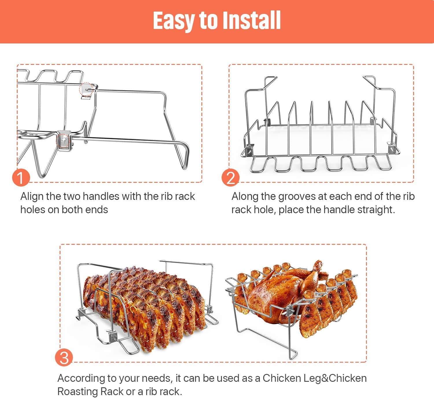 3 in 1 Extra Large Rectangle Rib Rack&Chicken Leg Rack with Brush, Stainlesss Steel Roasting Rack with 2 Handle for Smoker, Oven and Grill, Holds up to 5 Ribs, Easy to Use&Clean