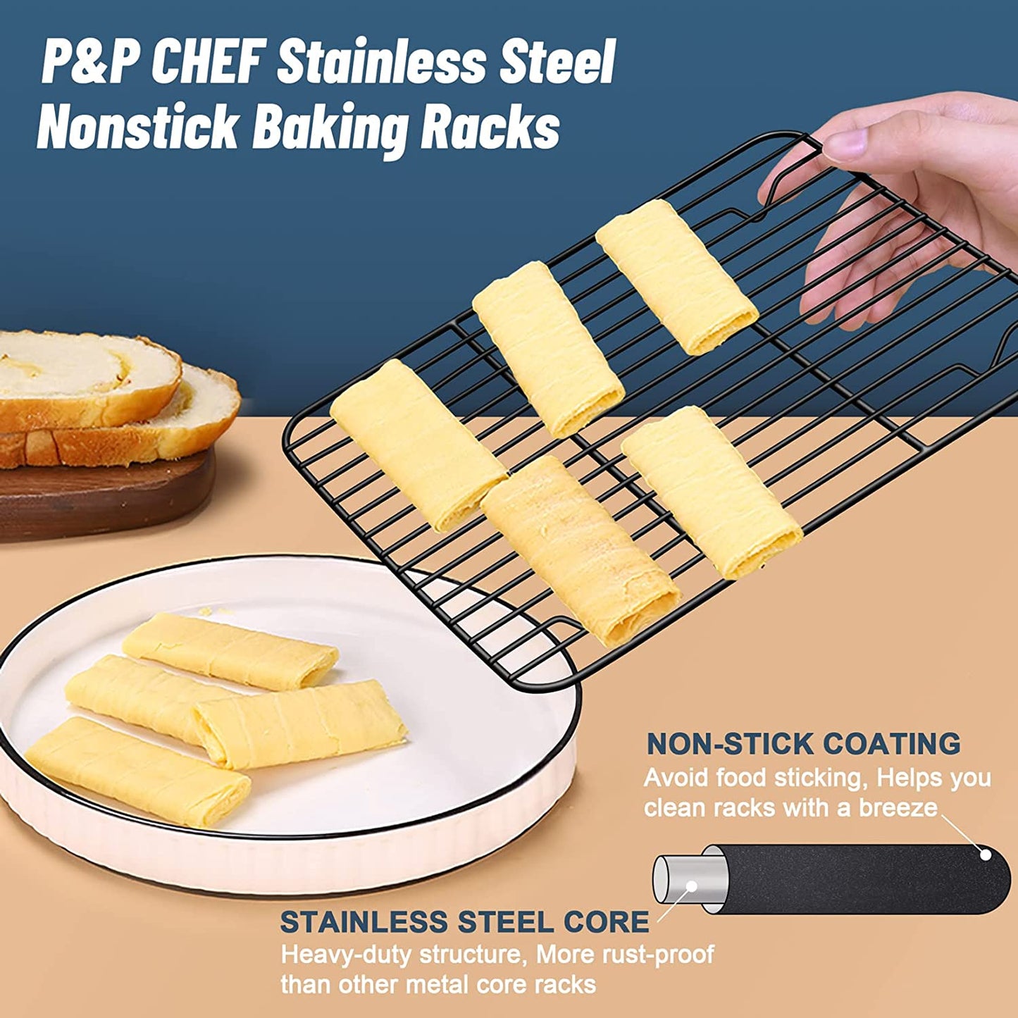 P&P CHEF Baking Rack Set of 2, Non-Stick Mini Cooling Racks for Cooking Grilling, 2 Pack 8.6” X 6.2” Roasting Drying Rack for Small Toaster Oven Use, Stainless Steel Core, Non-Toxic & Easy to Clean