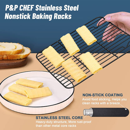P&P CHEF Baking Rack Set of 2, Non-Stick Mini Cooling Racks for Cooking Grilling, 2 Pack 8.6” X 6.2” Roasting Drying Rack for Small Toaster Oven Use, Stainless Steel Core, Non-Toxic & Easy to Clean