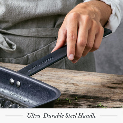 Pre-Seasoned Carbon Steel Square Grill Pan, Cast Iron, Lightweight and Durable, Sear Grill Broil Fry, Indoor Outdoor Cooking, Easy to Clean, Oven Safe, Induction, Steel Handle, Black