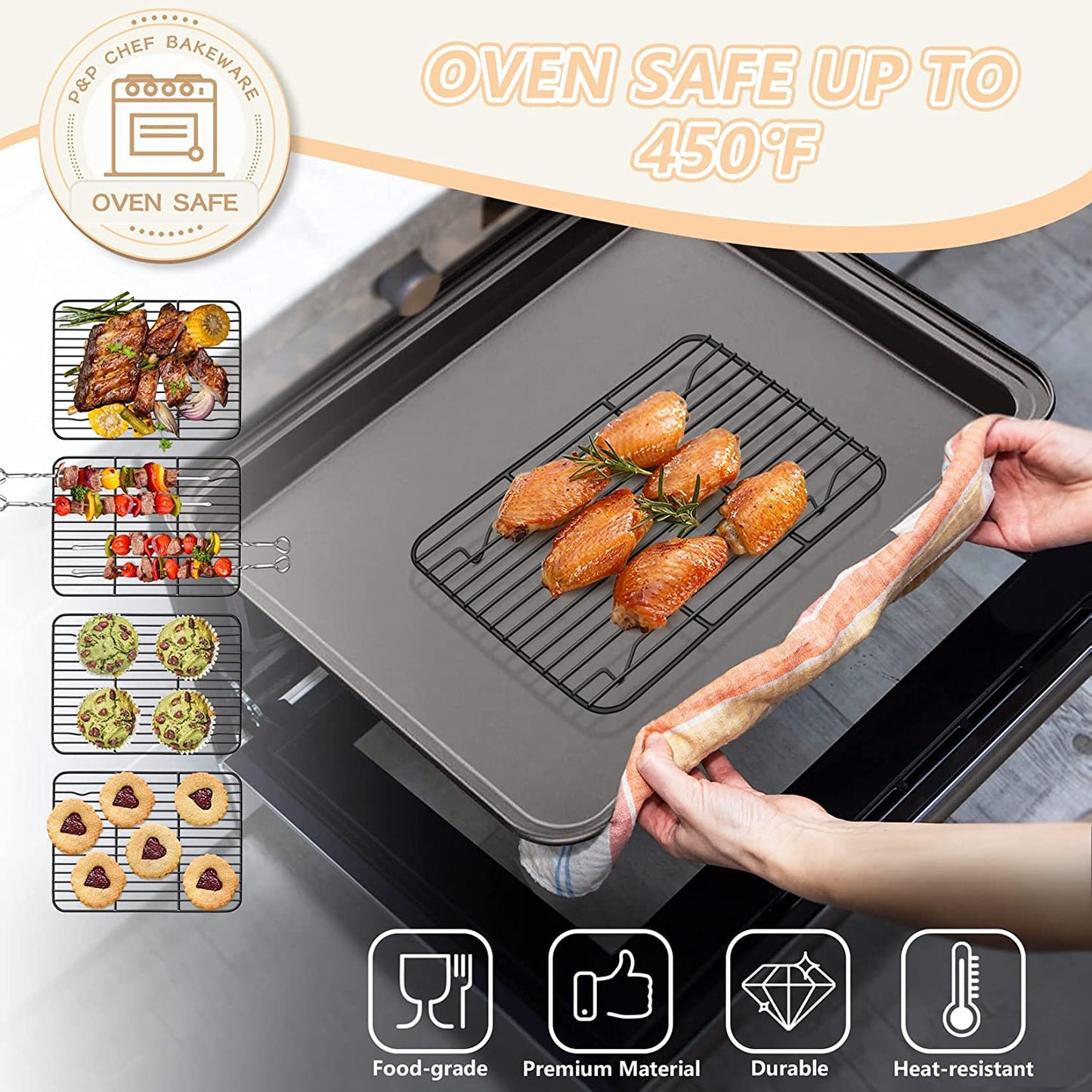 P&P CHEF Baking Rack Set of 2, Non-Stick Mini Cooling Racks for Cooking Grilling, 2 Pack 8.6” X 6.2” Roasting Drying Rack for Small Toaster Oven Use, Stainless Steel Core, Non-Toxic & Easy to Clean