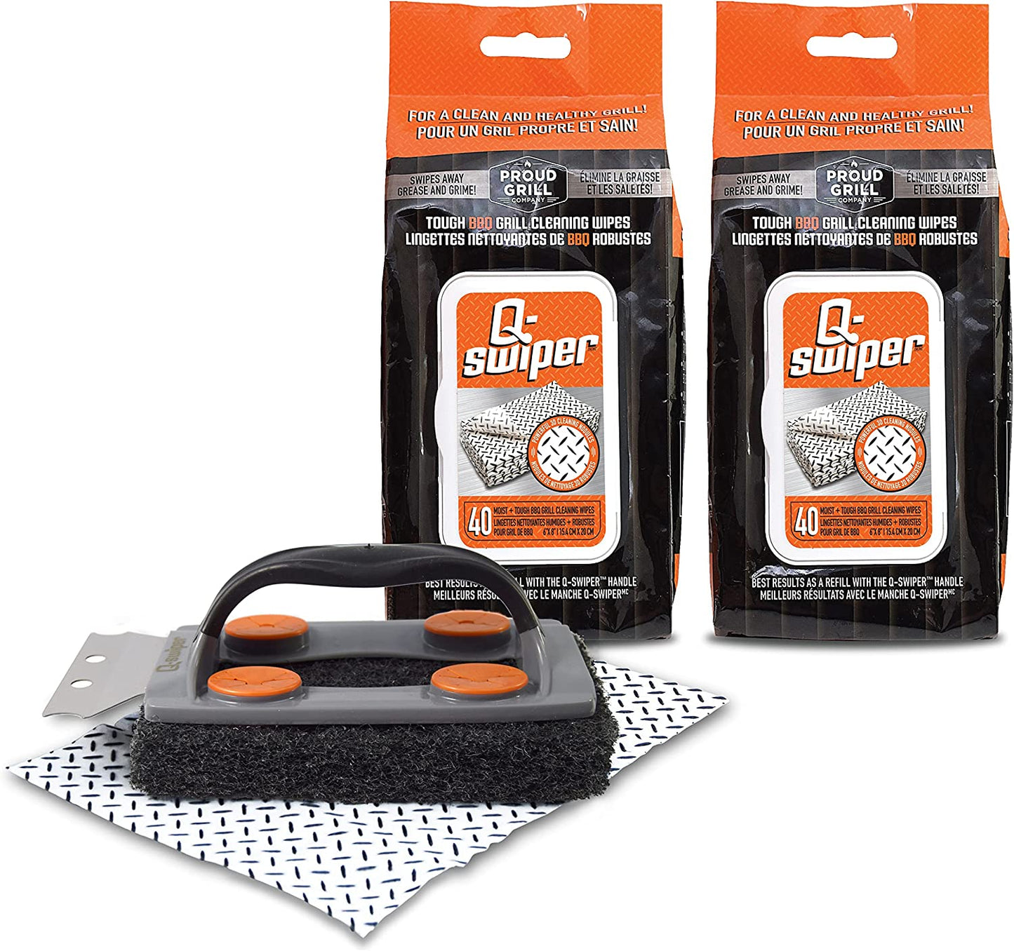 Q-Swiper BBQ Grill Cleaner Set - 1 Grill Brush with Scraper and 80 BBQ Grill Cleaning Wipes | No Bristles & Wire Free | Safe Way to Remove Grease and Grime for a Clean and Healthy Grill!