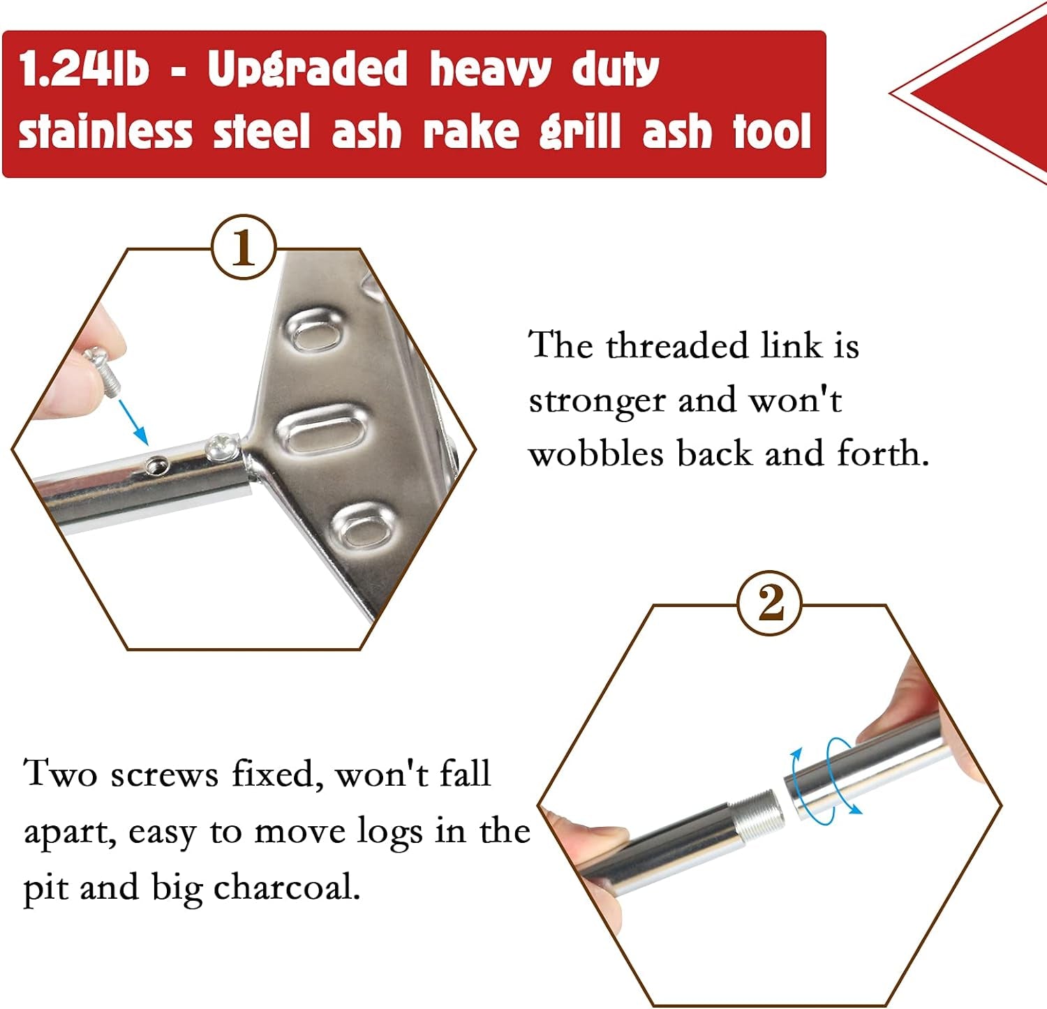 Heavy Duty Charcoal Grill Rake Grill Ash Tool Accessories with Rubber Handle, Charcoal Kettle Grill Pizza Oven Ash Rake -32 Inch