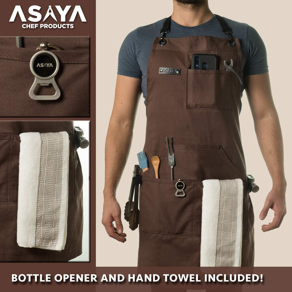 Chef, BBQ and Work Apron with Bottle Opener and Hand Towel - Durable 10Oz Cotton Canvas, Brass Hardware and Cross Back Straps - for Men, Women, Grilling, and Cooking (Brown)