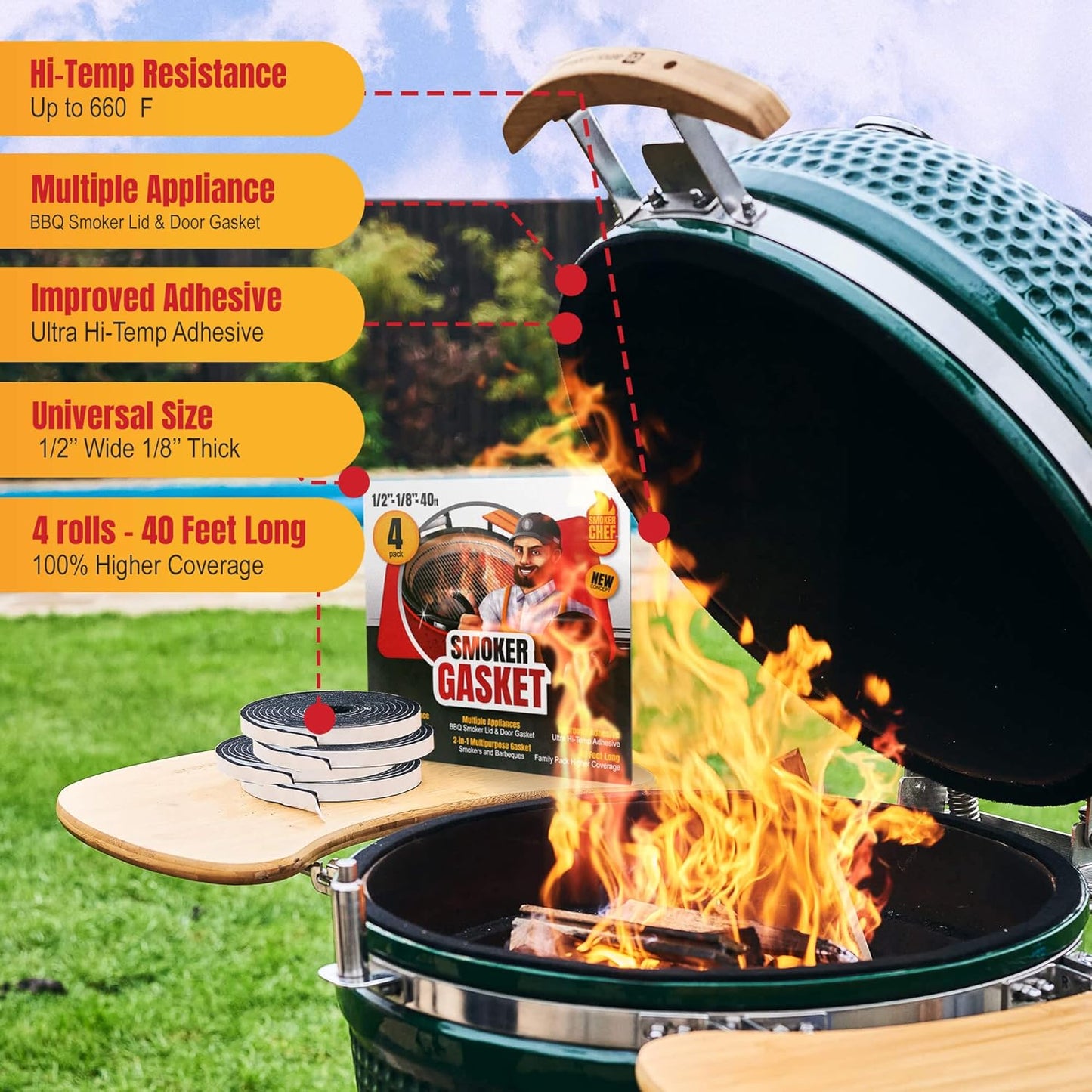 Smoker Chef XXL 40 FT Grill Gasket for Smokers - Black 1/2’’ X 1/8’’ Hi Temp Seal Smoker Gasket – 4-Pack X 10 FT Self Stick Black Nomex Fire Tape BBQ Lid – Bbq Grill Smoker Accessories Gifts for Men