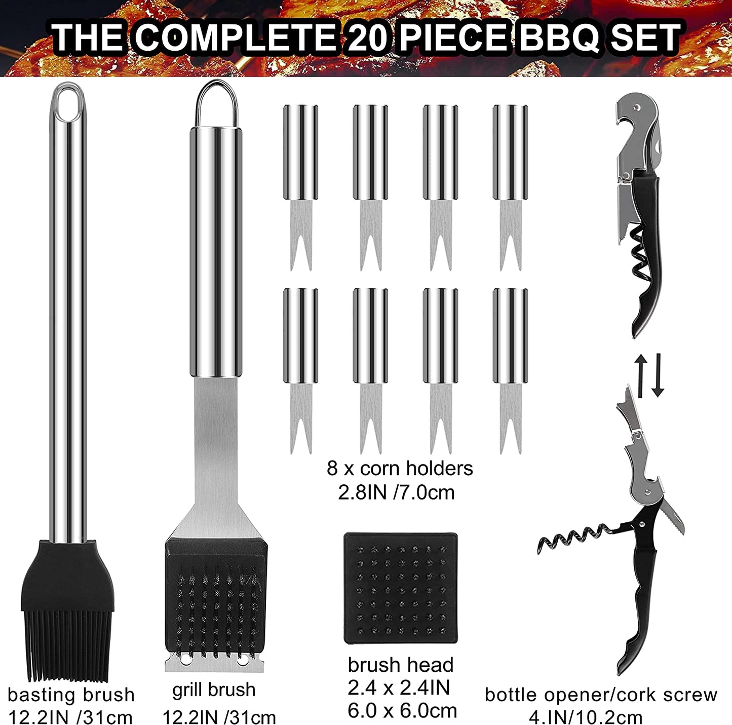 20PCS Heavy Duty BBQ Grill Tools Set - Extra Thick Stainless Steel Spatula, Fork& Tongs. Complete Barbecue Accessories Kit in Aluminum Storage Case - Perfect Grill Gifts for Men