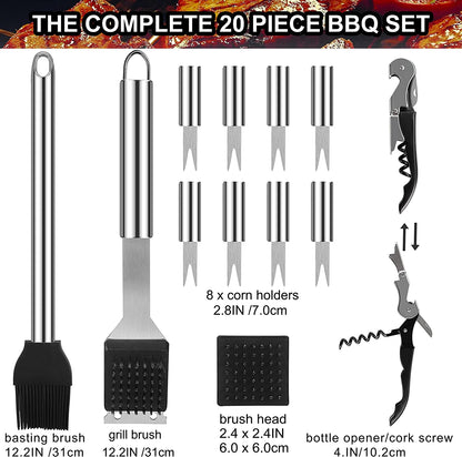 20PCS Heavy Duty BBQ Grill Tools Set - Extra Thick Stainless Steel Spatula, Fork& Tongs. Complete Barbecue Accessories Kit in Aluminum Storage Case - Perfect Grill Gifts for Men