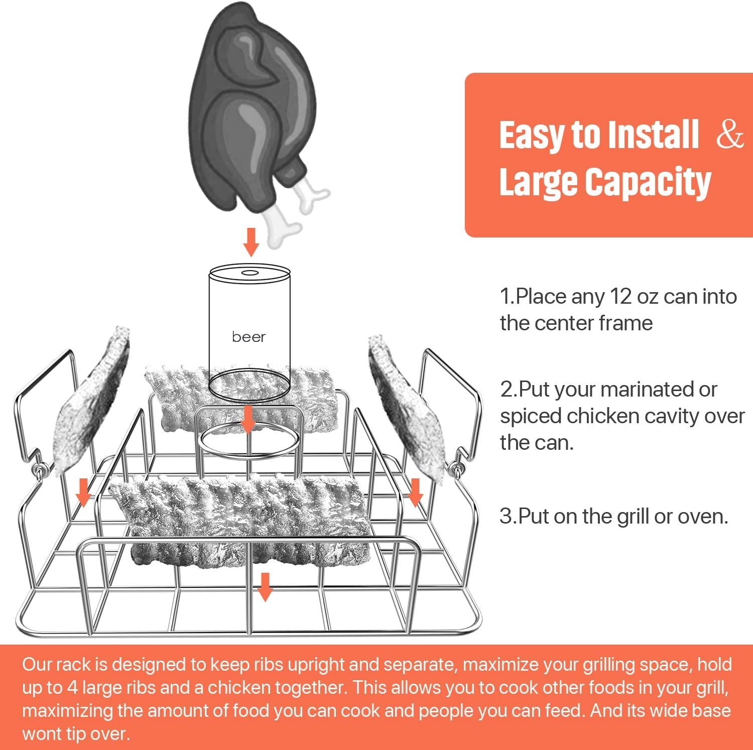 RUSFOL Beercan Chicken Roaster and Rib Rack with a Silicone Oil Brush, Square Stainless Steel BBQ Stand for Smoker,Oven and Grill, Cook up to 4 Ribs and a Whole Chicken at a Time