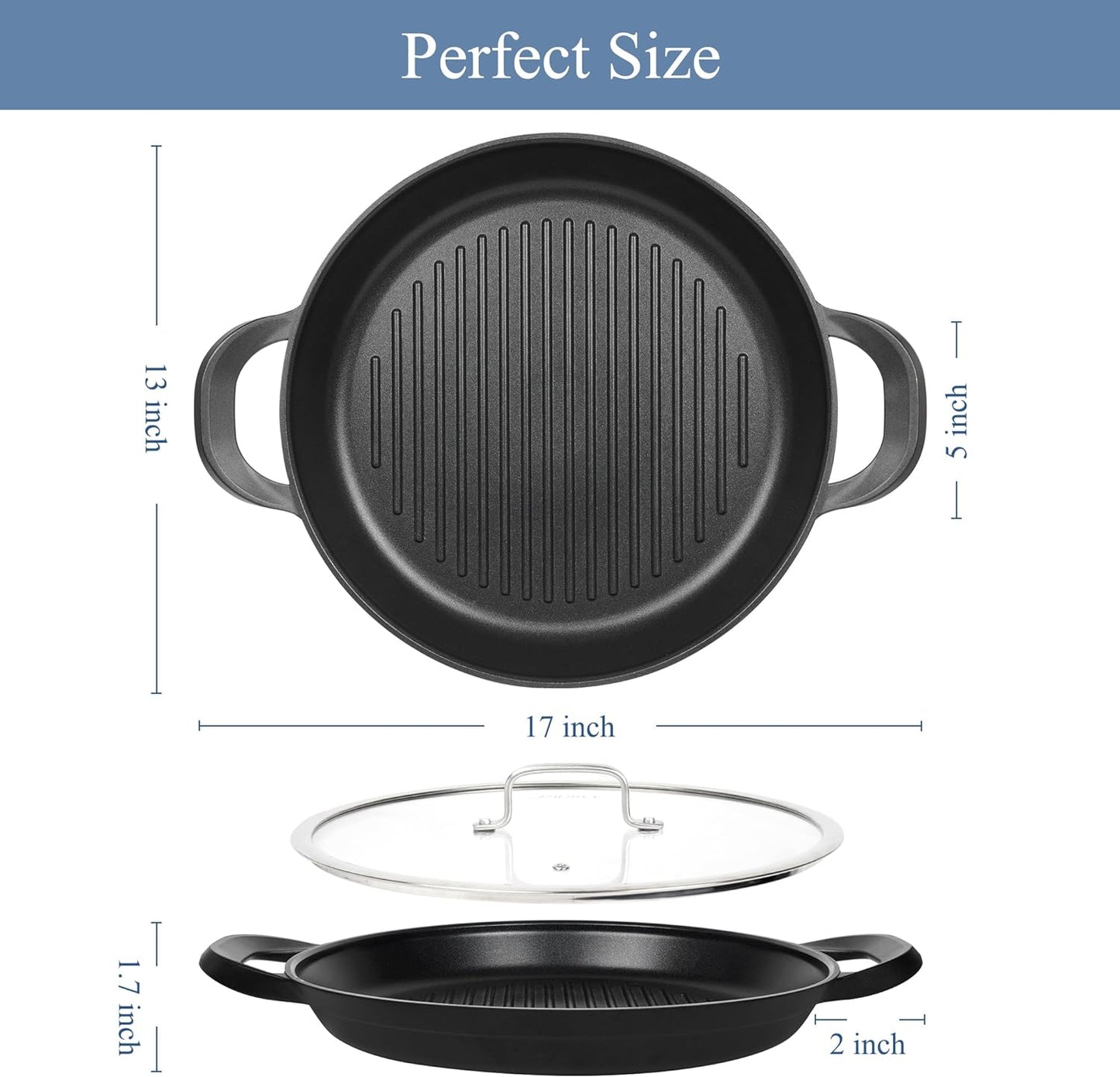 Nonstick Grill Pan for Stove Tops | 13.0" Skillet, Indoor Induction Cast-Aluminum Grill Pan with Lid and Anti-Scalding Tools, GRANITEC Nonstick Coating, Dishwasher & Oven Safe