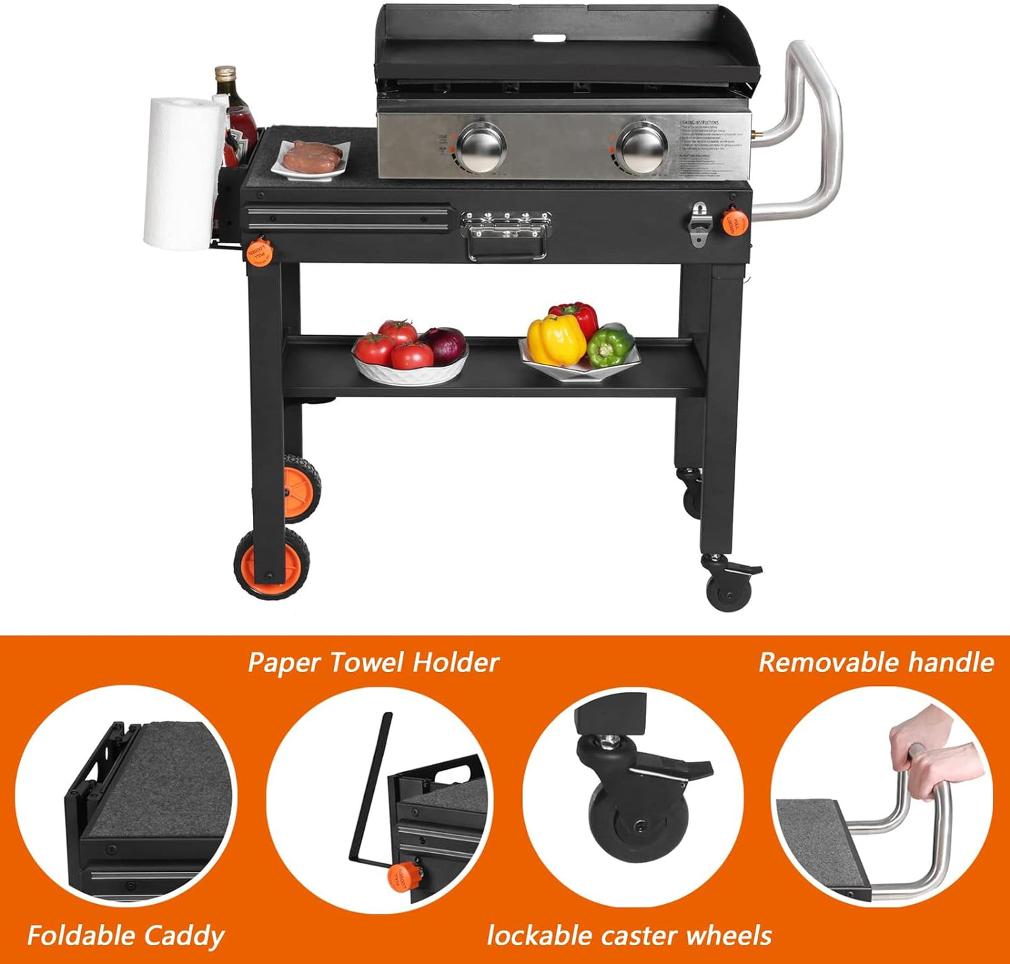 Portable Blackstone Griddle Stand Grill Table 17"/22" Grill Cart Pizza Oven Stand Ninja Grill Stand Outdoor Universal Foldable BBQ with Wheels Double Shelf Caddy Cooking Camping Tailgating