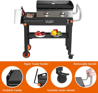 Portable Blackstone Griddle Stand Grill Table 17"/22" Grill Cart Pizza Oven Stand Ninja Grill Stand Outdoor Universal Foldable BBQ with Wheels Double Shelf Caddy Cooking Camping Tailgating