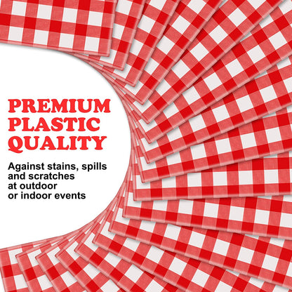 Chumia 12 Pieces Plastic Checked Picnic Tablecloth Rectangle Disposable Gingham Table Cloth 54 X 108 Inch 8 Foot Waterproof Camping Table Covers for Barbecue Holiday Birthday Parties (Red Checkered)