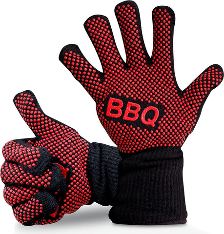 Image of BBQ Gloves - 1472°F Heat Resistant, Fireproof Mitts with Non-Slip Silicone Grip, Perfect for Barbecue, Grilling, Cooking, Baking & Camping, 14-Inch, Food Grade, Washable Kitchen Oven Mitts