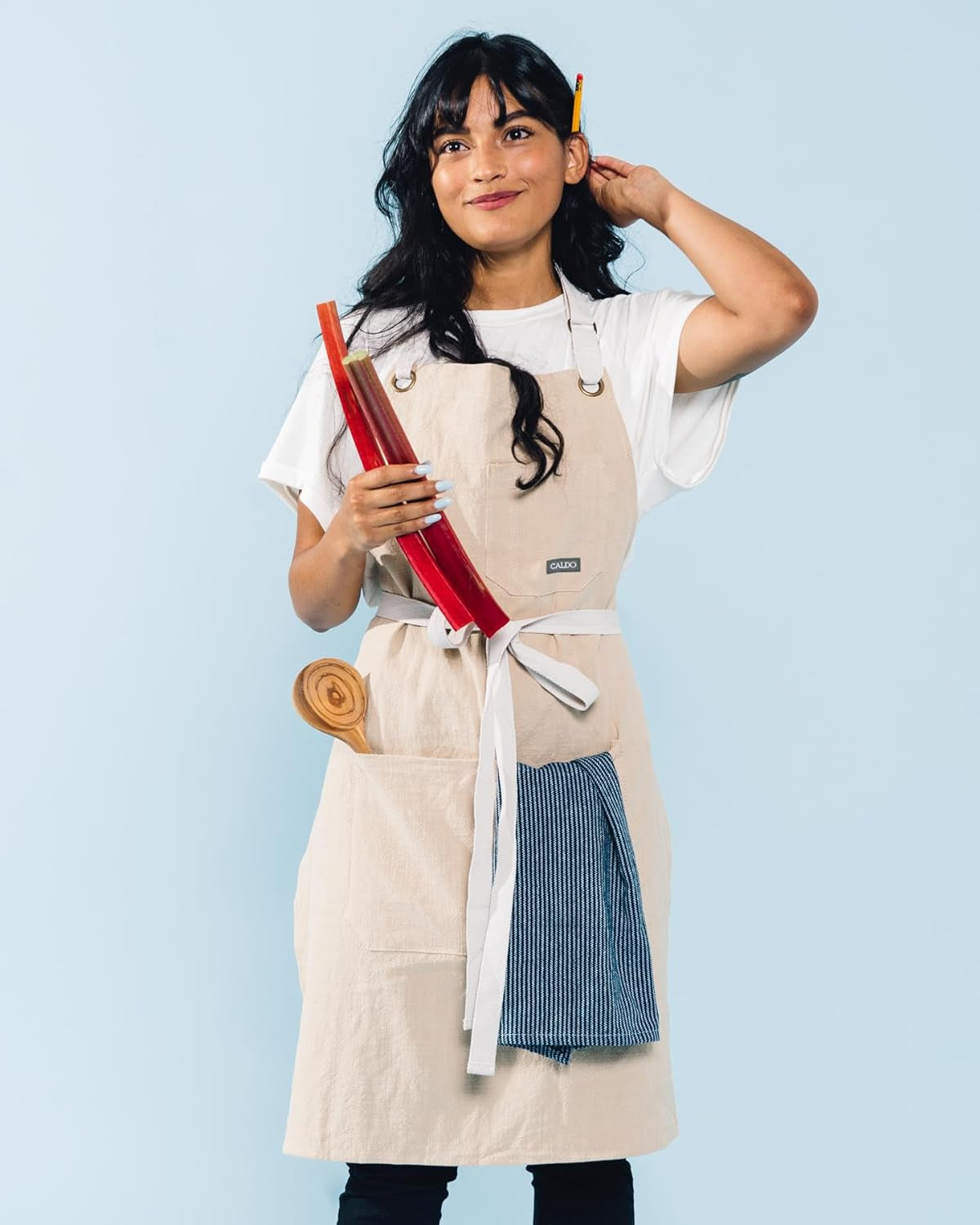 Linen Kitchen Apron for Cooking- Mens and Womens Linen Bib Apron for Professional Chef, Server, or Barista- Adjustable with Pockets (Bone)