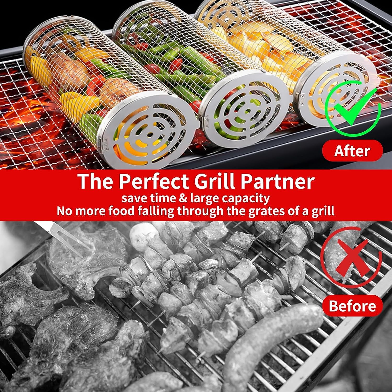 Rolling Grilling Baskets for Outdoor Grill Bbq ，Stainless Steel Grill Mesh Barbeque Grill Accessories,Outdoor round BBQ Stainless Steel Grill Basket Campfire Grill Grid - Camping Picnic Cookware (2Pc-12.2In*3.9In+11.8In*3.5In)