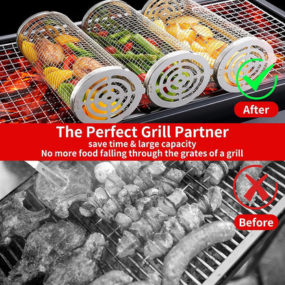 Rolling Grilling Baskets for Outdoor Grill Bbq ，Stainless Steel Grill Mesh Barbeque Grill Accessories,Outdoor round BBQ Stainless Steel Grill Basket Campfire Grill Grid - Camping Picnic Cookware (2Pc-12.2In*3.9In+11.8In*3.5In)