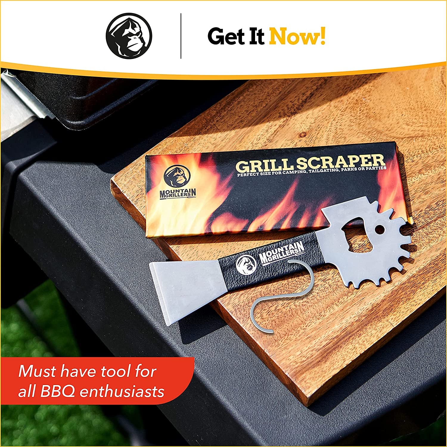 Mountain Grillers BBQ Grill Grate Scraper Wide Portable Grill Scrubber Fits Almost Any Grill, Griddle, Smoke Oven Grate Compact Non Slip Stainless Steel Grill Cleaner Tool with Built-In Bottle Opener