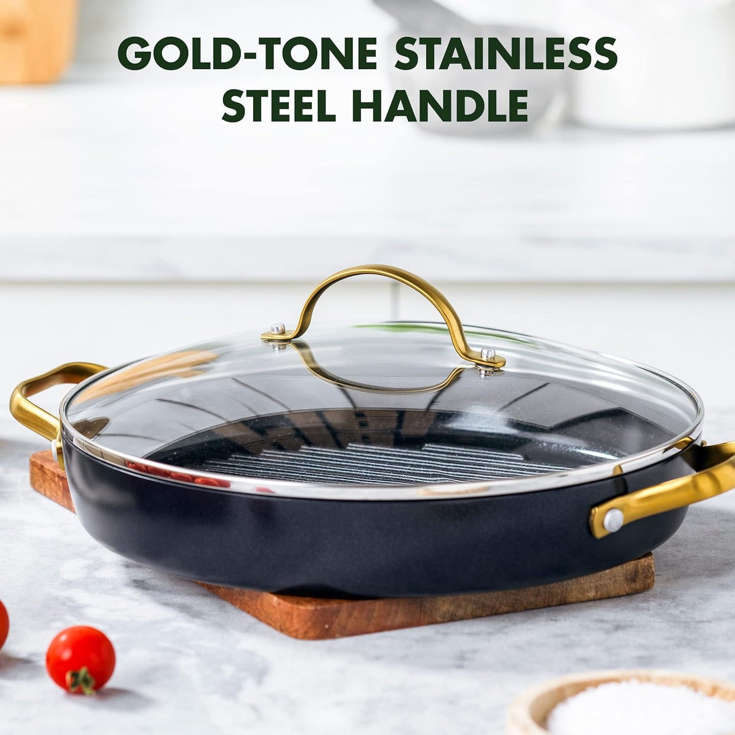 Reserve Hard Anodized Healthy Ceramic Nonstick, 11" Grill Pan with Lid, Gold Handle, Pfas-Free, Dishwasher Safe, Black