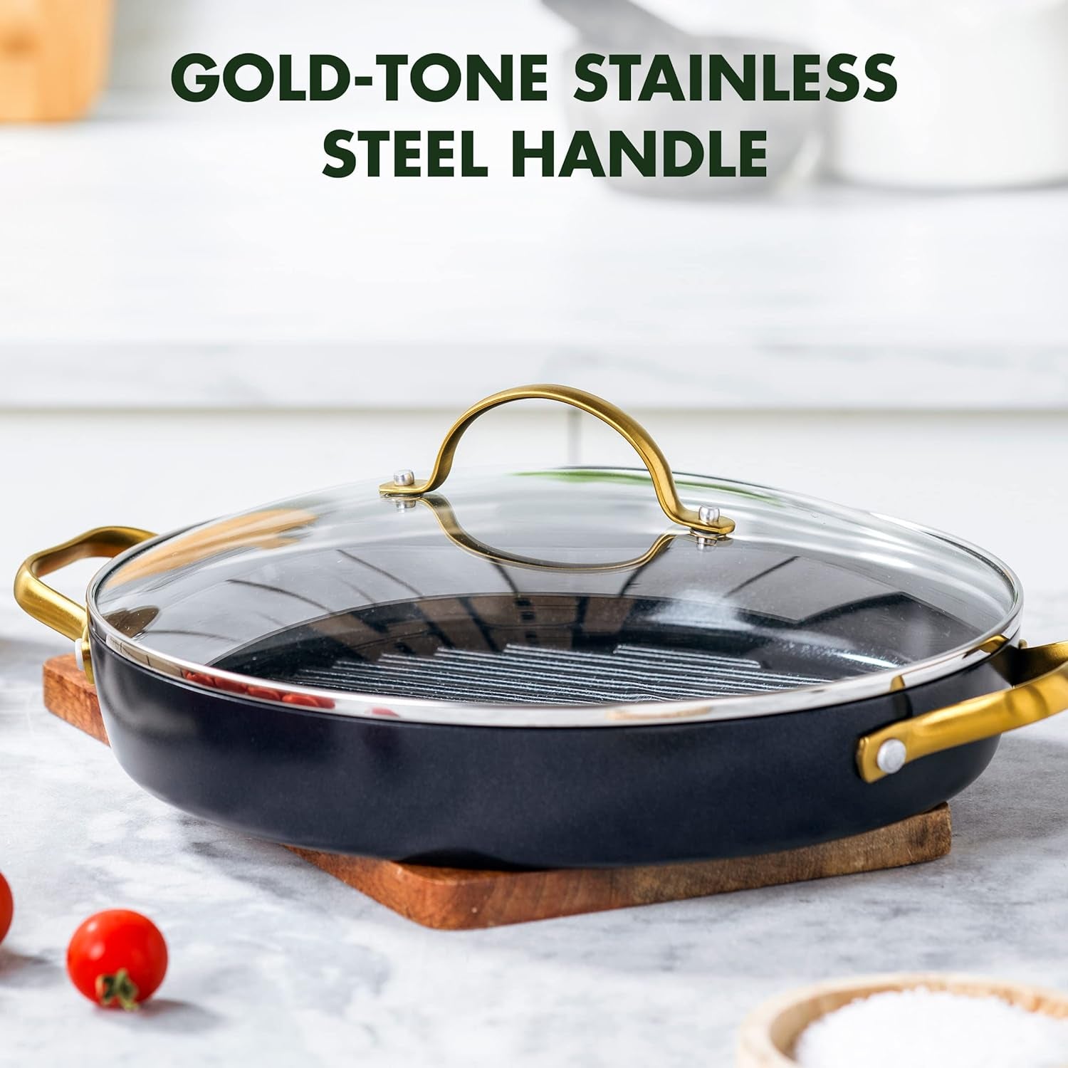 Reserve Hard Anodized Healthy Ceramic Nonstick, 11" Grill Pan with Lid, Gold Handle, Pfas-Free, Dishwasher Safe, Black