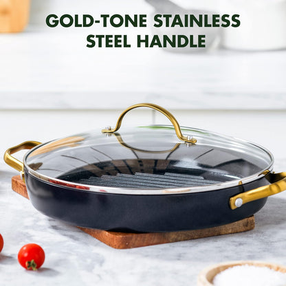 Reserve Hard Anodized Healthy Ceramic Nonstick, 11" Grill Pan with Lid, Gold Handle, Pfas-Free, Dishwasher Safe, Black