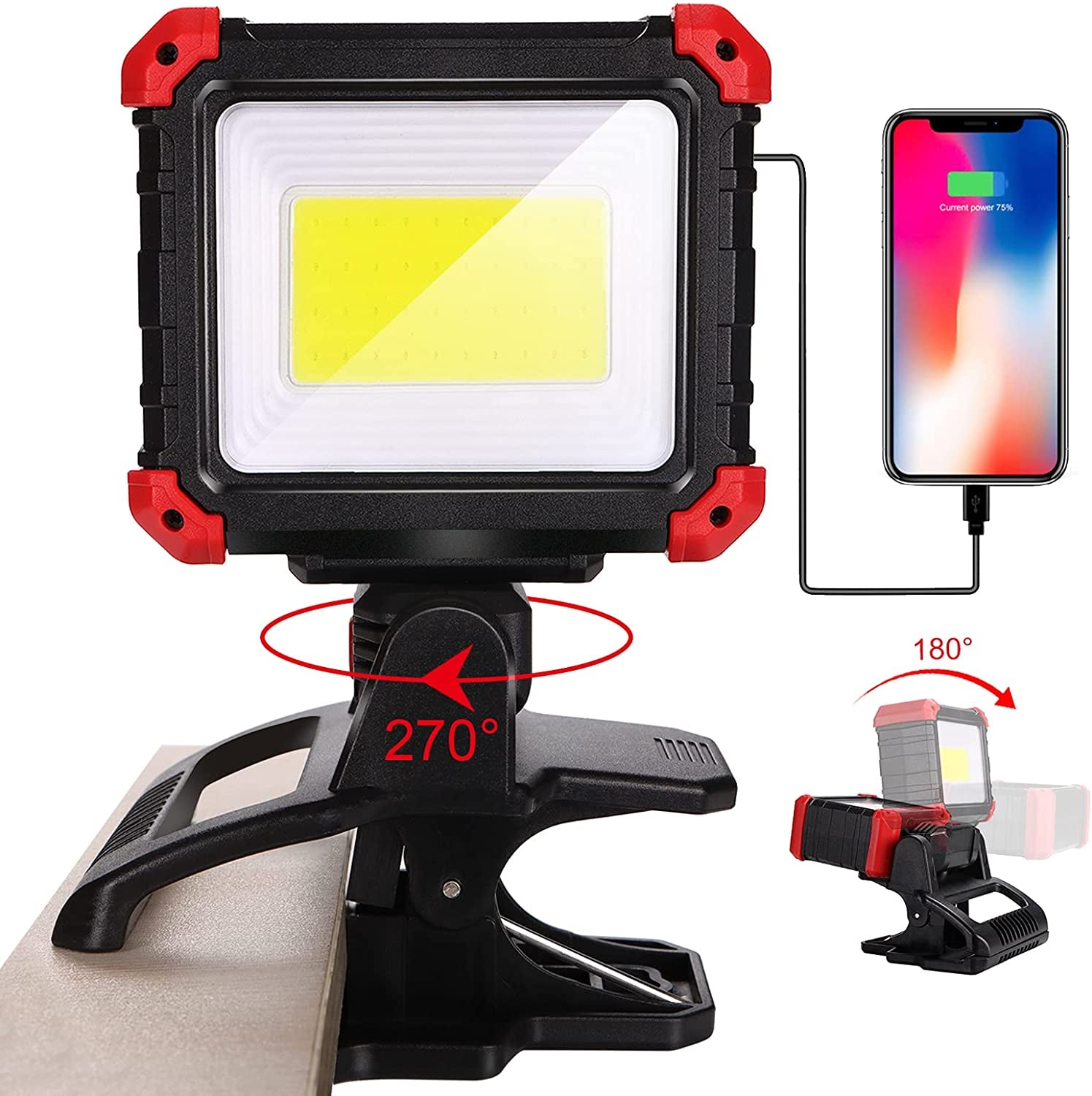 LED Rechargeable Work Light with Clamp, 2100LM COB Magnetic Clip on Worklight 270° Rotating with Mobile Charger, Portable Clamp Work Light for Boats, Car Repairing, Job Site Lighting(1Pack)