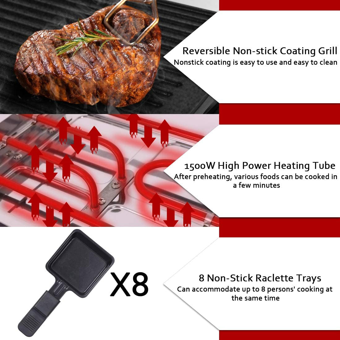 Raclette Grill Electric Grill Table Portable 2 in 1 Korean BBQ Grill Indoor & Cheese Raclette, Reversible Non-Stick Plate, Crepe Maker with Adjustable Temperature Control and 8 Paddles