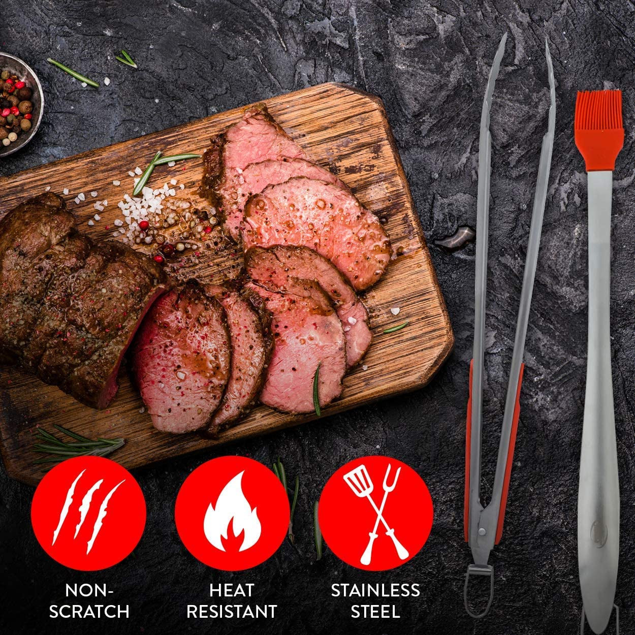 Grill Set, Heavy Duty Thick Stainless Steel Grilling Utensils 5 Piece Grilling Set, Tong, Fork, Spatula, Basting Brush Extra Long Grill Accessories