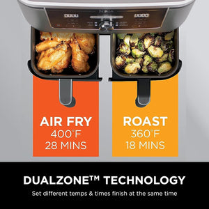 DZ401 Foodi 10 Quart 6-In-1 Dualzone XL 2-Basket Air Fryer with 2 Independent Frying Baskets, Match Cook & Smart Finish to Roast, Broil, Dehydrate for Quick, Easy Family-Sized Meals, Grey