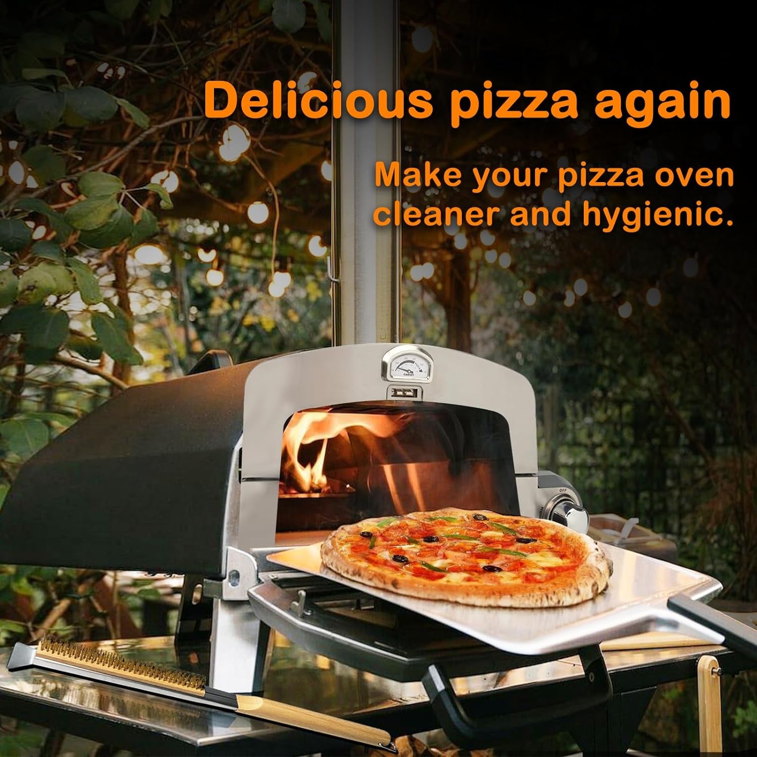 Pizza Oven Brush, 22” Pizza Stone Cleaning Brush - Copper Wire Pizza Brush with Wooden Handle and Stainless Steel Scraper, Pizza Oven Accessories for Outdoor Pizza Grill Cleaning