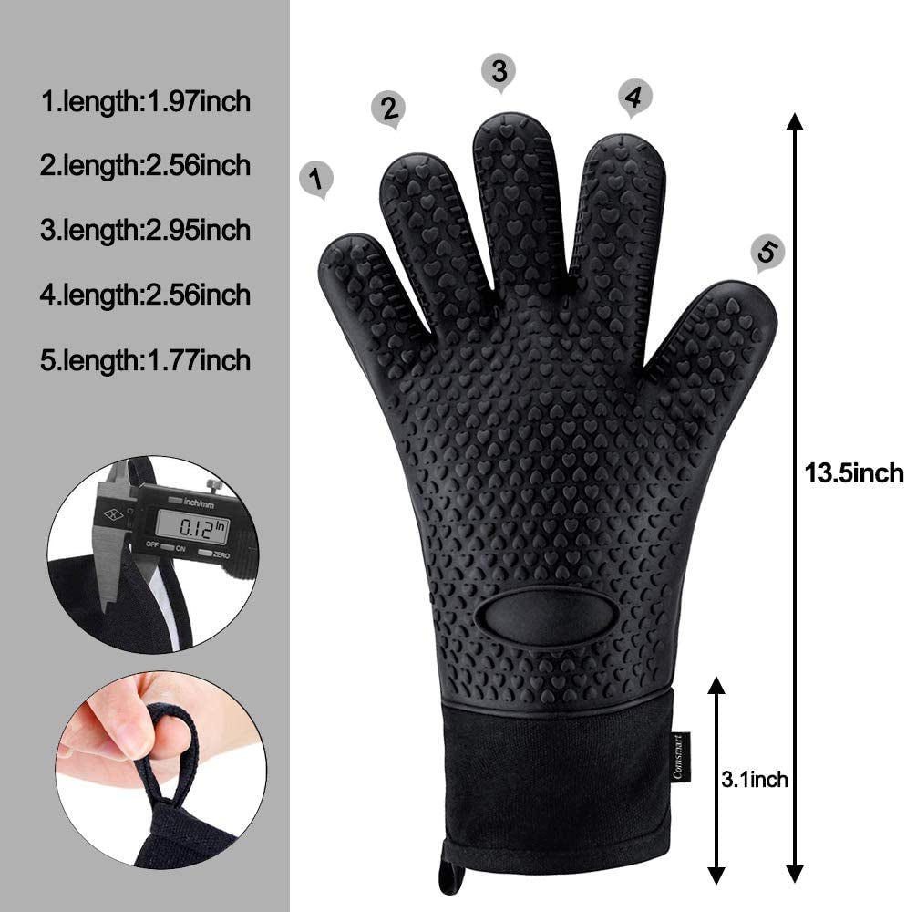 BBQ Gloves, Heat Resistant Silicone Grilling Gloves, Long Waterproof BBQ Kitchen Oven Mitts with Inner Cotton Layer for Barbecue, Cooking, Baking, Smoker(Black)