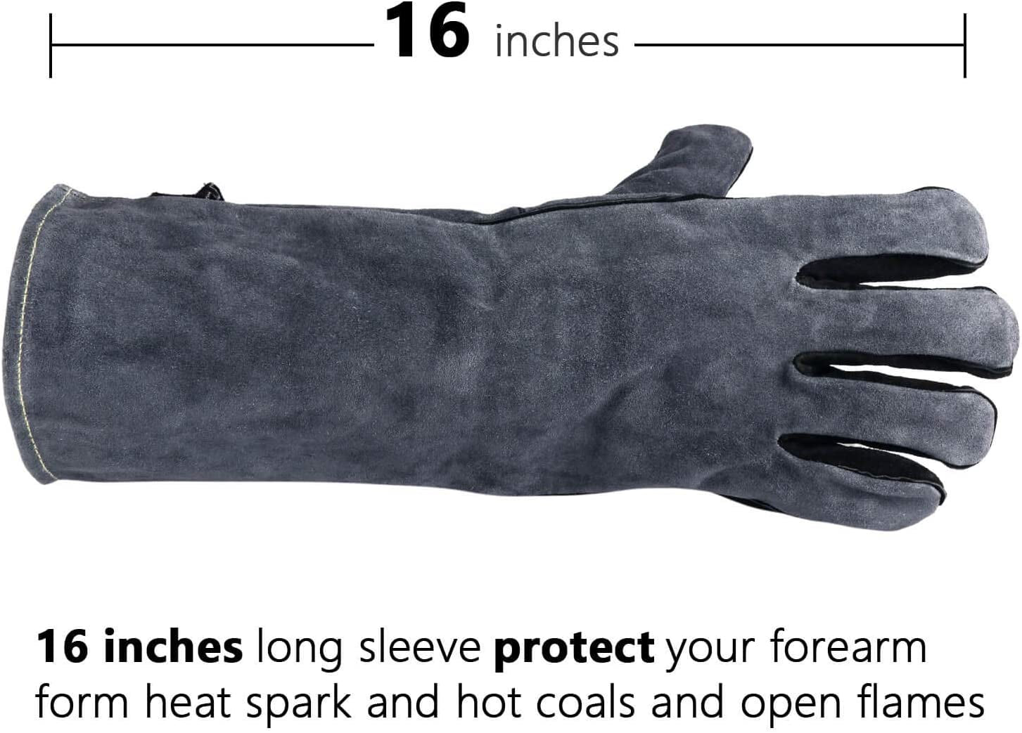 932°F Heat Resistant Welding Gloves 16 Inches Cowhide Leather - Long Sleeve and Insulated Lining BBQ Glove for Tig Welder/Mig/Grill/Barbecue/Green Egg/Stove Black-Gray