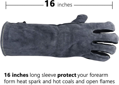 932°F Heat Resistant Welding Gloves 16 Inches Cowhide Leather - Long Sleeve and Insulated Lining BBQ Glove for Tig Welder/Mig/Grill/Barbecue/Green Egg/Stove Black-Gray