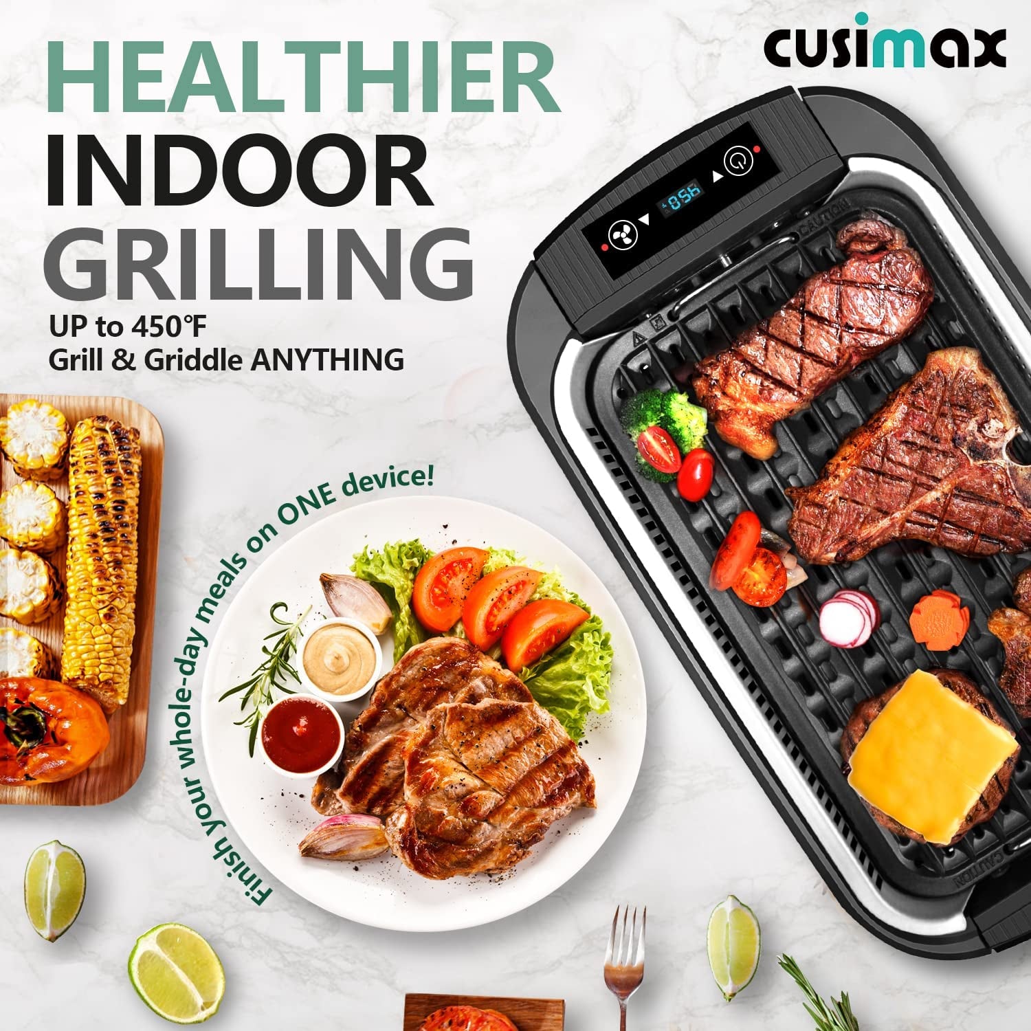Indoor Grill,  Smokeless Grill Indoor, 1500W Electric Grill Griddle Korean BBQ Grill with LED Smart Display & Tempered Glass Lid, Non-Stick Removable Grill Plate & Griddle Plate, Black
