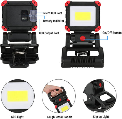 LED Rechargeable Work Light with Clamp, 2100LM COB Magnetic Clip on Worklight 270° Rotating with Mobile Charger, Portable Clamp Work Light for Boats, Car Repairing, Job Site Lighting(1Pack)