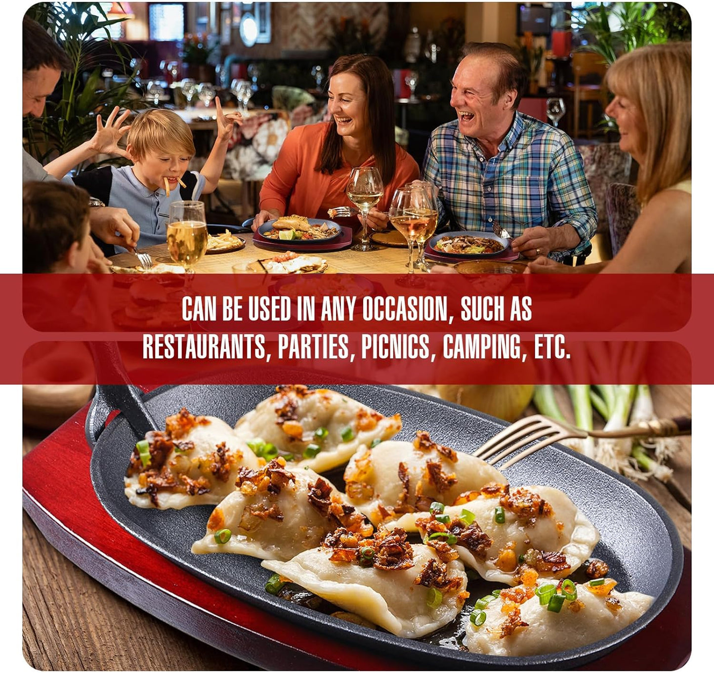 12 Pieces Oval Cast Iron Fajita Pan Set Sizzling Steak Plate with Wooden Base and Handle Cast Iron Steak Cast Iron Fajita Skillet Sizzling Plate for Home Restaurant and Barbecue Picnic