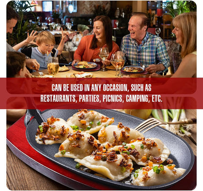 12 Pieces Oval Cast Iron Fajita Pan Set Sizzling Steak Plate with Wooden Base and Handle Cast Iron Steak Cast Iron Fajita Skillet Sizzling Plate for Home Restaurant and Barbecue Picnic