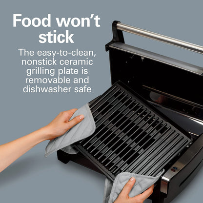 Electric Indoor Searing Grill with Viewing Window & Adjustable Temperature Control to 450F, 118 Sq. In. Surface Serves 6, Removable Nonstick Grate, Stainless Steel