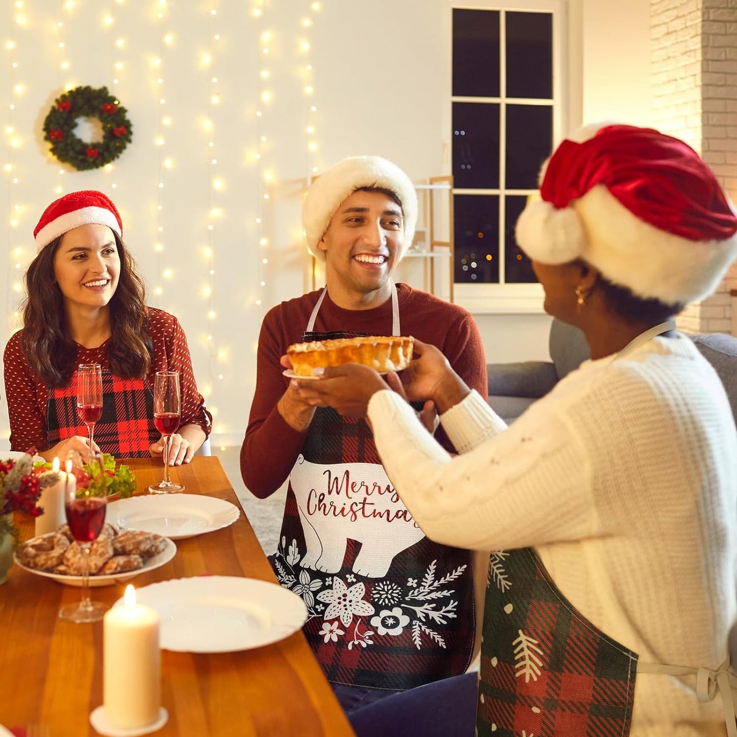 8 Pcs Christmas Buffalo Plaid Aprons Waterproof Holiday Kitchen Aprons Xmas Adjustable Baking Cooking Aprons Merry Christmas Aprons for Women Men Adults Chef Housewife