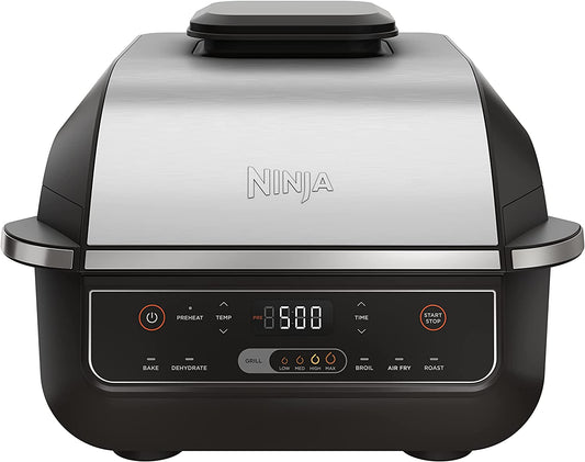 EG201 Foodi 6-In-1 Indoor Grill with Air Fry, Roast, Bake, Broil, & Dehydrate, 2Nd Generation, Dishwasher Safe, Black/Silver