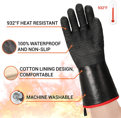 Grill BBQ Gloves 932℉ Heat Resistant Cooking Barbecue Gloves Waterproof Grilling Gloves for Turkey Fryer, Baking, Oven, Oil Resistant Neoprene Coating with Long Sleeve