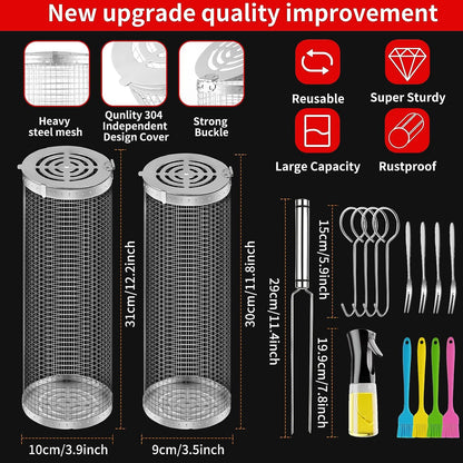 Rolling Grilling Baskets for Outdoor Grill Bbq ，Stainless Steel Grill Mesh Barbeque Grill Accessories,Outdoor round BBQ Stainless Steel Grill Basket Campfire Grill Grid - Camping Picnic Cookware (2Pc-12.2In*3.9In+11.8In*3.5In)