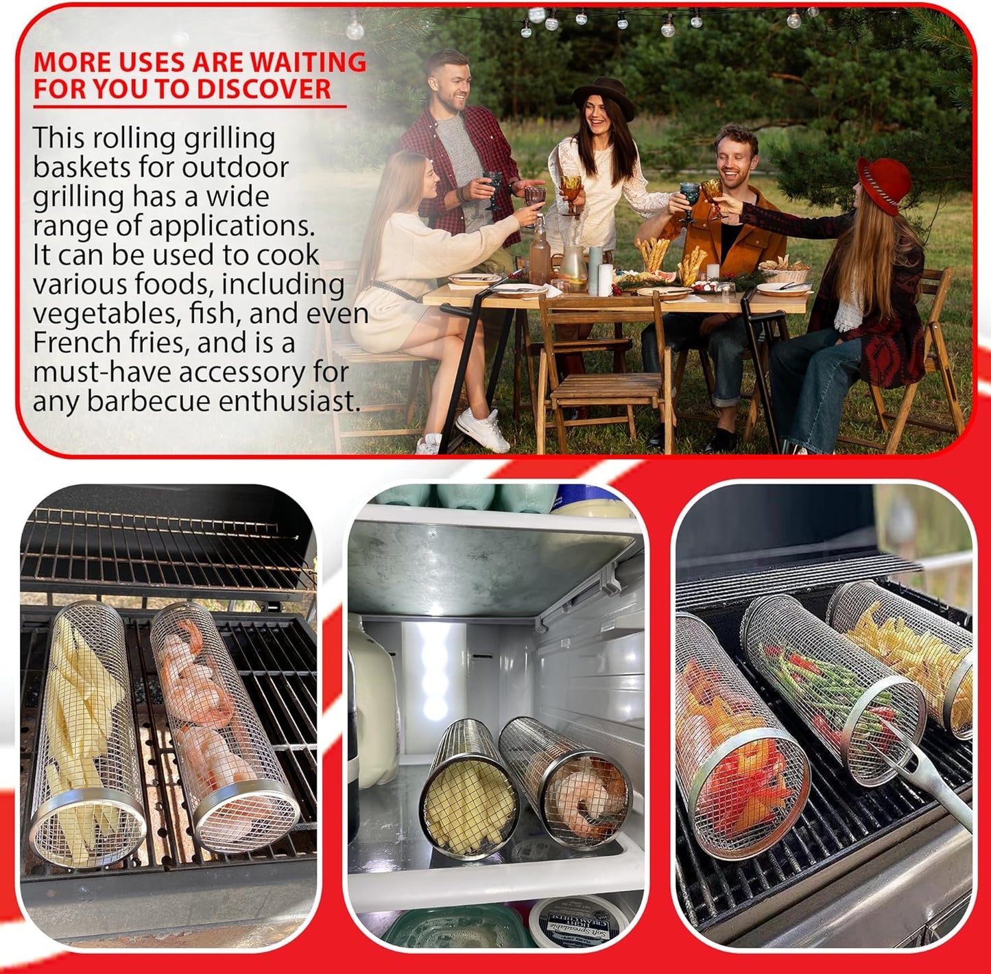 Sunmikosh Rolling Grilling Basket - Barbecue Portable Roll Grill Basket for Outdoor Camping - Stainless Steel BBQ Net Tube Grill Basket, Suitable for Fish, Kabob, Meat, Vegetables, French Fries