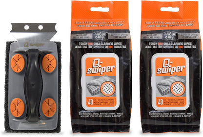 Q-Swiper BBQ Grill Cleaner Set - 1 Grill Brush with Scraper and 80 BBQ Grill Cleaning Wipes | No Bristles & Wire Free | Safe Way to Remove Grease and Grime for a Clean and Healthy Grill!