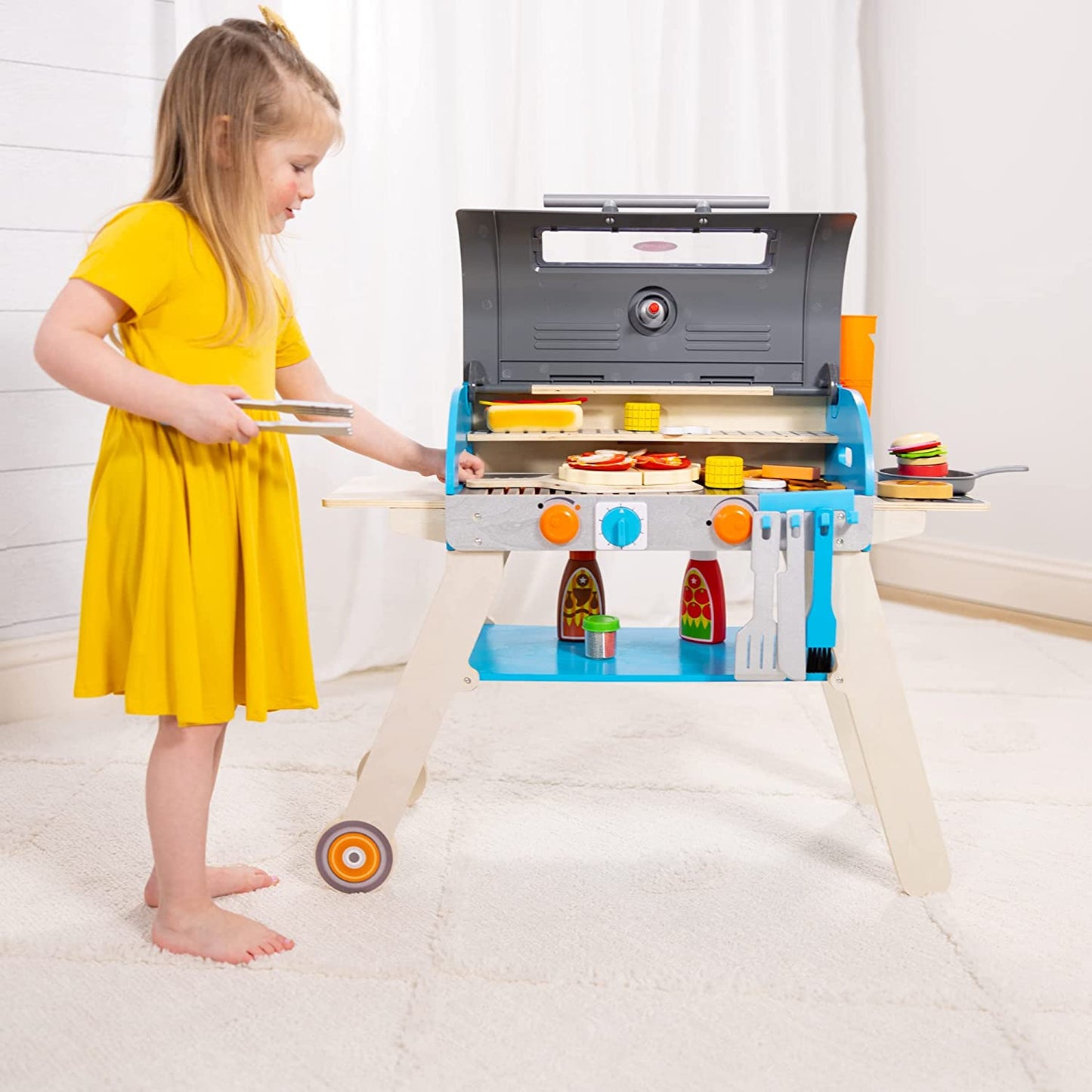 Melissa & Doug Wooden Deluxe Barbecue Grill, Smoker and Pizza Oven Play Food Toy for Pretend Play Cooking for Kids