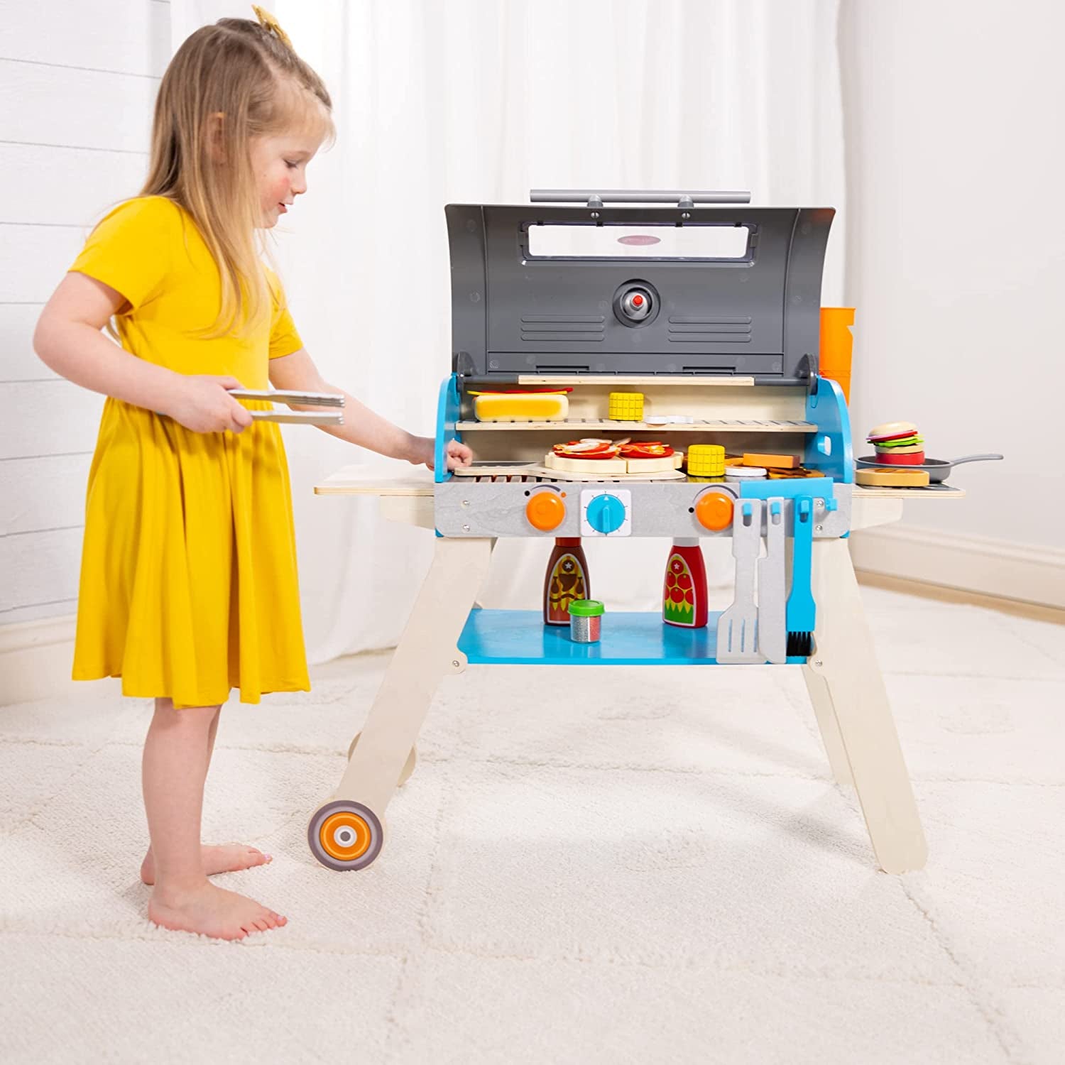 Melissa & Doug Wooden Deluxe Barbecue Grill, Smoker and Pizza Oven Play Food Toy for Pretend Play Cooking for Kids