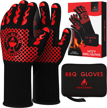 Pro-Series BBQ Gloves - Heat Resistant Grill, Grilling, and Oven Gloves for Culinary Experts - Extreme Fireproof Protection, Silicone Grip, Extra Long Mitts - Indoor & Outdoor - with Protective Case