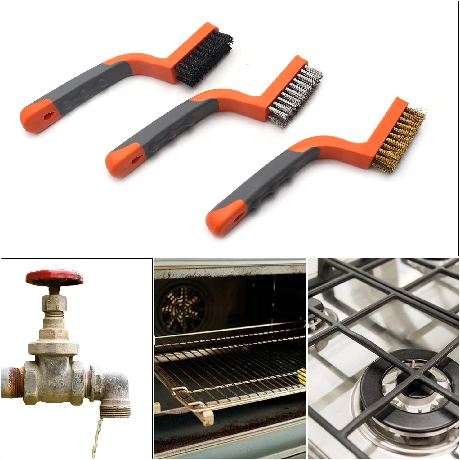 Wire Brush 3 Pcs Brass/Stainless Steel/Nylon Wire Brushes for Cleaning Rust Bristle Brush Set with Rubber Curved Handle Grip Used for Dirt, Paint Remover (Orange+ Gray)