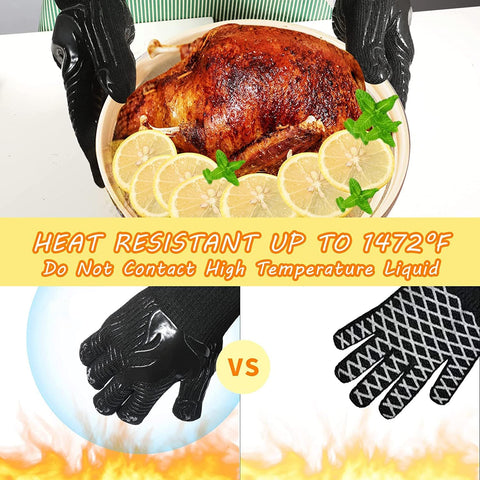 Image of BBQ Gloves, 1472°F Heat Resistant Grilling Gloves Silicone Non-Slip Oven Gloves Kitchen Gloves for Barbecue, Cooking, Baking (Black)